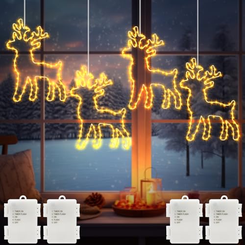 4 Stück Rentier LED Fensterdeko Weihnachten Batteriebetrieben, 240 LEDs Hängende weihnachtsmann Lichterkette mit Timer Metall Rentier Vorhang Lichterkette Innen und Außenbereich Warmweiß 4 Stück Rentier LED Fensterdeko Weihnachten Batteriebetrieben, 240 LEDs Hängende weihnachtsmann Lichterkette mit Timer Metall Rentier Vorhang Lichterkette Innen und Außenbereich Warmweiß von echosari