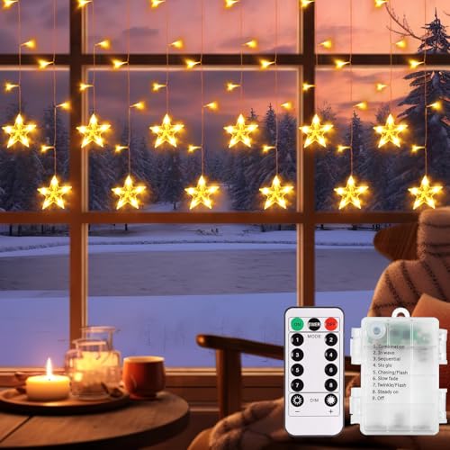 echosari Stern-Ramadan-Lichterkette, batteriebetrieben, 3,5 m, 12 Sterne, Vorhang-Lichterkette mit Fernbedienung, Timer, Fensterlichter für Weihnachten, Neujahr, Veranda, Schlafzimmer, Wand, von echosari