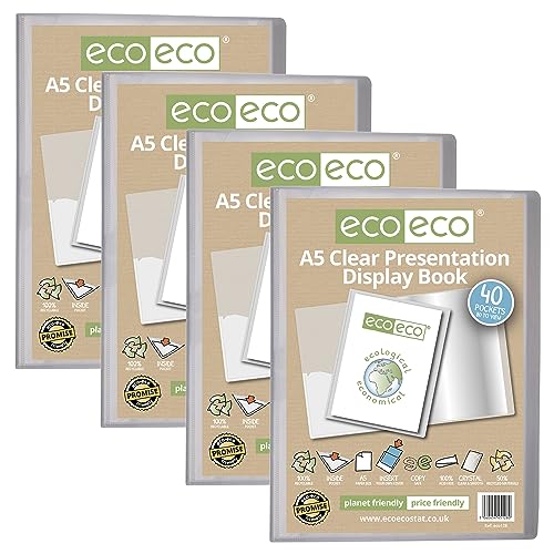 eco-eco Präsentationsbuch, A5, 50% recycelt, 40 Taschen, transparent, Aufbewahrungsbox, Portfolio-Kunstmappe mit Kunststoffhüllen, 4 Stück, eco128 x 4 von eco-eco stationery limited