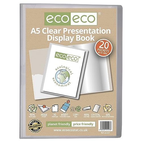 eco-eco eco127 Präsentationsbuch, A5, 50% recycelt, 20 Fächer, durchsichtig, Aufbewahrungsbox, Portfolio-Kunstmappe mit Kunststoffhüllen, transparent von eco-eco
