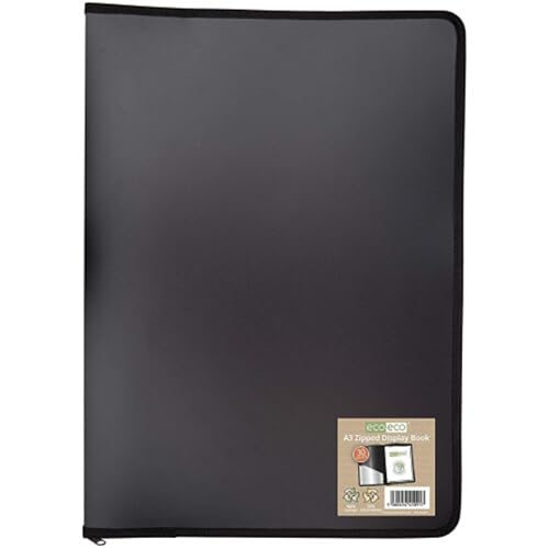 Eco-Eco eco091 Präsentationsblock, A3, 50% recycelt, 30 Fächer, Schwarz, Reißverschluss, Aktenordner, Kunstwerk-Portfolio mit Kunststoffhüllen, Schwarz von eco-eco