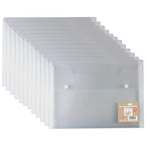 eco-eco A4 100% recycelte, transparente Doppelmappe mit Druckknopf, erweiterbare Brieftaschen, 330 x 240 mm, 300 Mikron, 12 Stück, eco184 x 12 von eco-eco