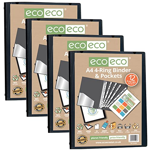 eco-eco A4 65% recyceltes Präsentationsbuch mit 4 O-Ringen, 12 mehrfach gelochten Hüllen, 22 mm Rücken, 4 Stück, schwarz, eco046x4 von eco-eco