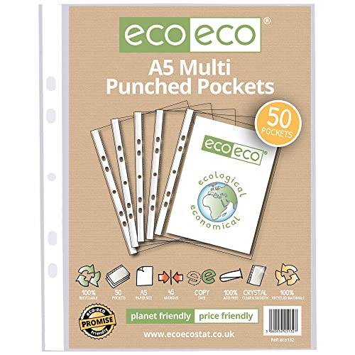 eco-eco A5 100% recycelte mehrfach gelochte Klarsichthüllen, transparent, Poly-Schutzfolie, 45 Mikrometer (50 Taschen), eco132 von eco-eco