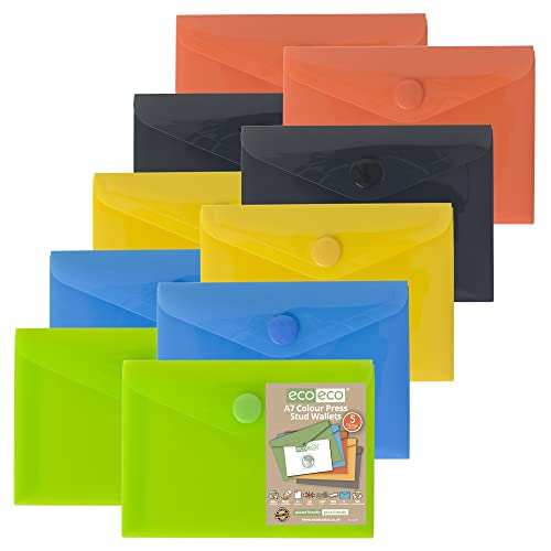 eco-eco A7 50% recycelte Dokumentenmappe mit Druckknopf, 10 Stück, grün, schwarz, blau, gelb, orange, eco077x2 von eco-eco