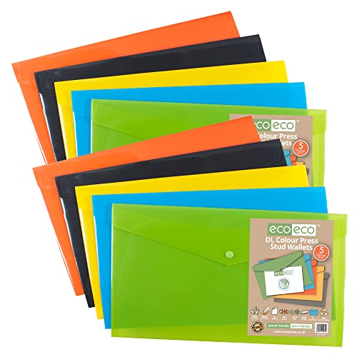 eco-eco DL 50% recycelte Dokumentenmappe mit Druckknopf, verschiedene Farben, 10 Stück, grün, schwarz, blau, gelb, orange, eco079x2 von eco-eco
