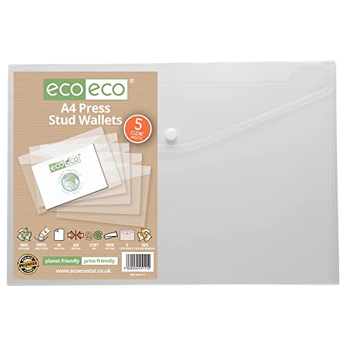 eco-eco A4 50% recycelte, transparente Druckknopf-Brieftasche, Kunststoff-Ordner, 310 x 238 mm, 5 Stück, 200 mic, eco111 von eco-eco