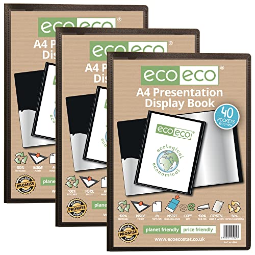 eco-eco eco004x3 Präsentationsbuch, A4, 50% recycelt, 40 Taschen, Schwarz, Aufbewahrungsbox, Portfolio-Kunstmappe mit Kunststoffhüllen, 3 Stück von eco-eco