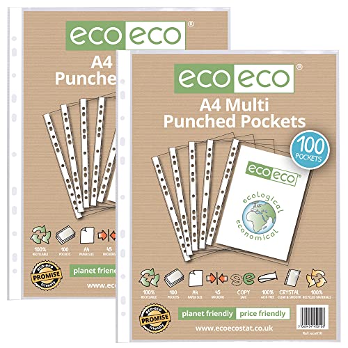 eco-eco Eco010x2 Klarsichthüllen, A4, 100% recycelt, mehrfach gelocht, 45 Mikron, 2 Packungen mit je 100 Stück eco-eco Eco010x2 Klarsichthüllen, A4, 100% recycelt, mehrfach gelocht, 45 Mikron, 2 Packungen mit je 100 Stück von eco-eco