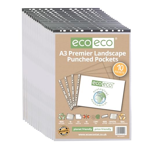 eco-eco Eco014 x 20 Klarsichthüllen, A3 Querformat, 100% recycelt, transparent, transparent, Poly-Brieftaschenschutz, 90 Mikrometer (200 Stück) von eco-eco