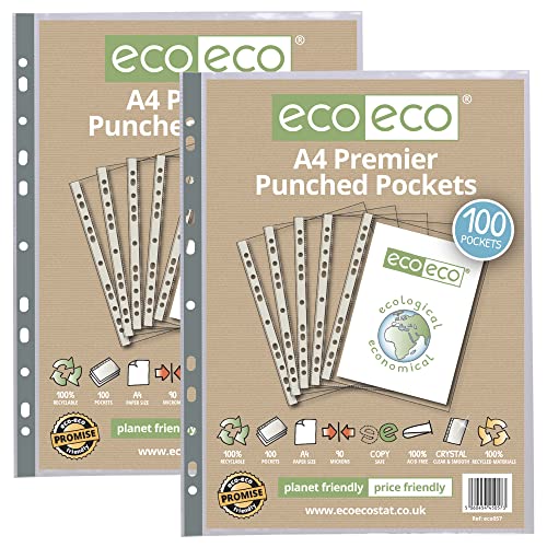 eco-eco Eco057x2 Klarsichthüllen, DIN A4, 100% recycelt, mehrfach gelocht, transparent, 90 Mikrometer, 2 Packungen mit je 100 Stück eco-eco Eco057x2 Klarsichthüllen, DIN A4, 100% recycelt, mehrfach gelocht, transparent, 90 Mikrometer, 2 Packungen mit je 100 Stück von eco-eco