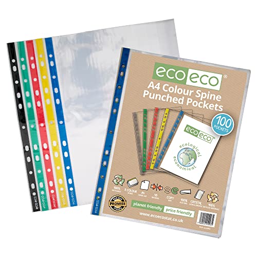 eco-eco Eco093 Klarsichthüllen, A4, 100% recycelt, farbiger Rücken, mehrfach gelocht, glasklar, transparent, 45 Mikron, 100 Stück eco-eco Eco093 Klarsichthüllen, A4, 100% recycelt, farbiger Rücken, mehrfach gelocht, glasklar, transparent, 45 Mikron, 100 Stück von eco-eco