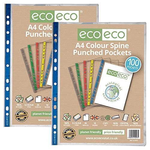 eco-eco eco093x2 Klarsichthüllen, A4, 100% recycelt, mehrfach gelocht, 45 Mikrometer, 2 Packungen mit je 100 Stück von eco-eco