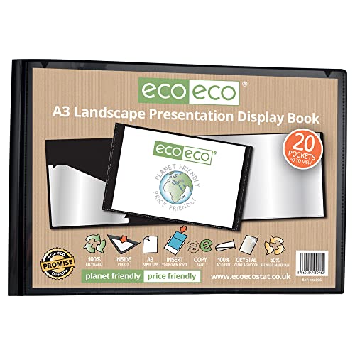eco-eco eco096 Präsentationsbuch, A3, 50% recycelt, 20 Taschen, Querformat, schwarze Präsentationshülle, Portfolio, Kunstmappe mit Kunststoffhüllen, Schwarz von eco-eco