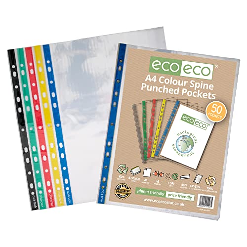 eco-eco Eco107 Klarsichthüllen, A4, 100% recycelt, farbiger Rücken, mehrfach gelocht, 45 Mikron, 50 Stück eco-eco Eco107 Klarsichthüllen, A4, 100% recycelt, farbiger Rücken, mehrfach gelocht, 45 Mikron, 50 Stück von eco-eco