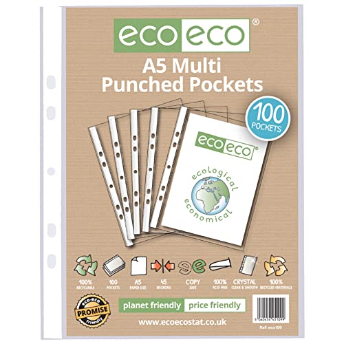 eco-eco Eco109 Klarsichthüllen, A5, 100% recycelt, mehrfach gelocht, transparent, Poly-Hülle, 45 Mikrometer, 100 Stück von eco-eco
