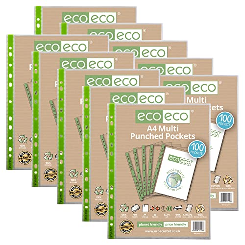 eco-eco Klarsichthüllen, A4, 100% recycelt, mehrfach gelocht, glasklar, transparent, 65 Mikron (10 Packungen mit je 100 Stück), 1000 Brieftaschen, eco113 x 10 von eco-eco