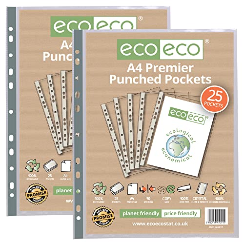 eco-eco eco011x2 Klarsichthüllen, A4, 100% recycelt, mehrfach gelocht, glasklar, transparent, 90 Mikrometer (50 Stück) von eco-eco