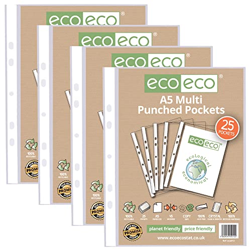 eco-eco Klarsichthüllen, A5, 100% recycelt, mehrfach gelocht, 45 Mikron (100 Hüllen), eco012x4 von eco-eco