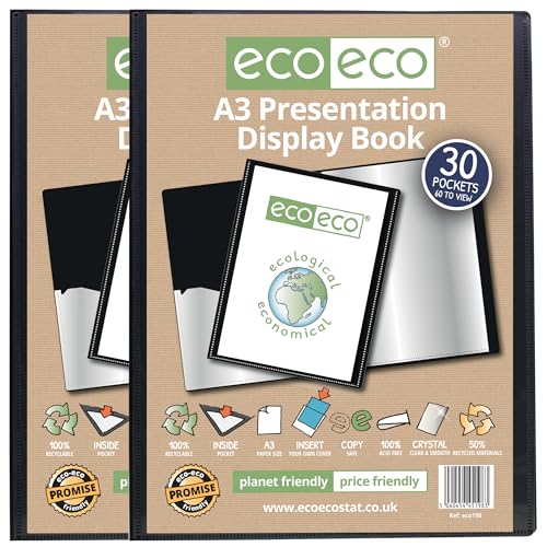 eco-eco Präsentationsbuch, A3-Format, 50% recycelt, 30 Taschen, schwarz, Präsentationsmappe mit Kunststoffhüllen, 2 Stück, eco198 x 2 von eco-eco
