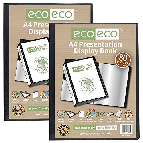 eco-eco Präsentationsbuch, A4, 50% recycelt, 80 Taschen, schwarz, Aufbewahrungsbox, Portfolio, Kunstmappe mit Kunststoffhüllen, 2 Stück, eco066 x 2 von eco-eco