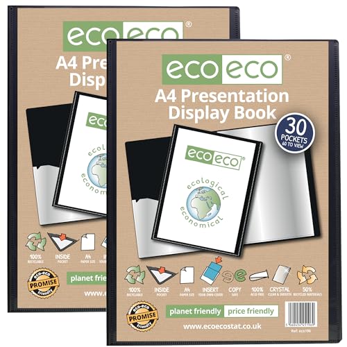 eco-eco Präsentationsbuch, A4-Format, 50% recycelt, 30 Hüllen, schwarz, Aufbewahrungsetui, Kunstmappe mit Kunststoffhüllen, 2 Stück, eco196 x 2 von eco-eco