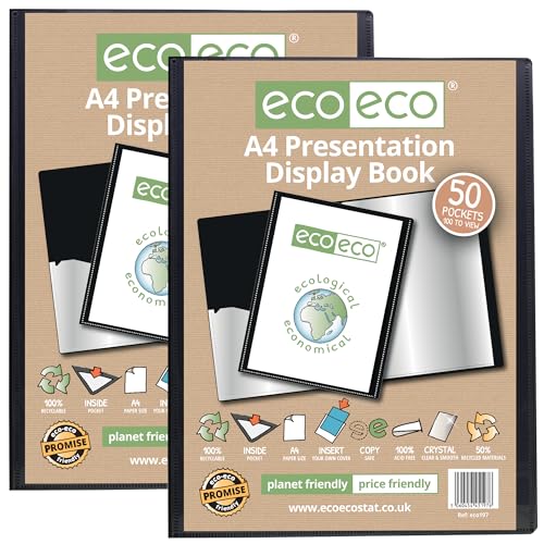 eco-eco Präsentationsbuch, A4-Format, 50% recycelt, 50 Hüllen, schwarz, Aufbewahrungsetui, Kunstmappe mit Kunststoffhüllen, 2 Stück, eco197 x 2 von eco-eco