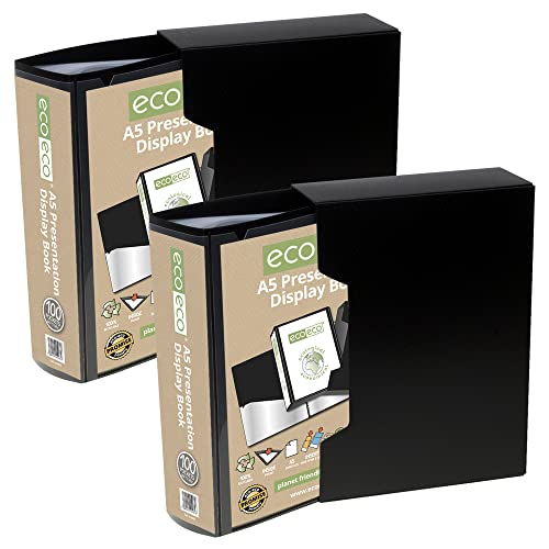 eco-eco Präsentationsbuch, A5, 50% recycelt, 100 Taschen, schwarz, Aufbewahrungsbox, Portfolio, Kunstmappe, mit Kunststoffhüllen mit schwarzer Sichtbox, 2 Stück von eco-eco