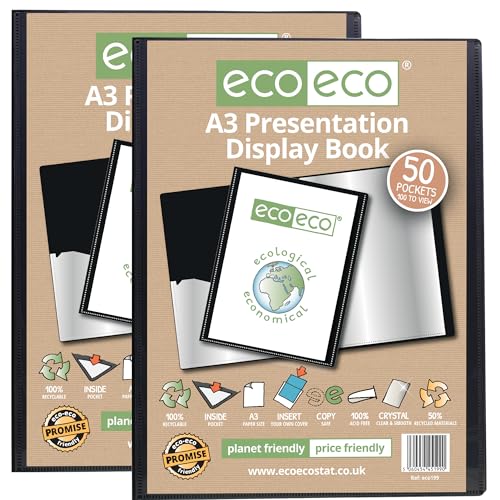 eco-eco Präsentationsbuch im A3-Format, 50% recycelt, 50 Taschen, schwarz, Aufbewahrungsetui, Kunstmappe mit Kunststoffhüllen, 2 Stück, eco199 x 2 von eco-eco