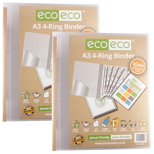 eco-eco Ringordner, A3, 95% recycelt, 4D-Hochformat, transparent, 40 mm Rücken, Kunstwerk-Portfolio, 2 Stück, eco202 x 2 von eco-eco