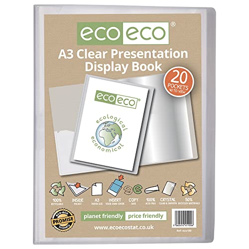 eco-eco eco100 Präsentationsbuch, A3, 50% recycelt, 20 Fächer, transparent, Aufbewahrungsbox, Portfolio, Kunstmappe mit Kunststoffhüllen, transparent von eco-eco