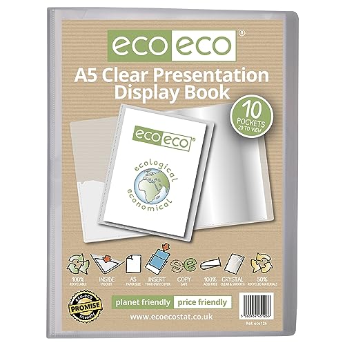 eco-eco eco126 Präsentationsbuch, A5, 50% recycelt, 10 Taschen, durchsichtig, Aufbewahrungsbox, Portfolio-Kunstmappe mit Kunststoffhüllen, transparent von eco-eco