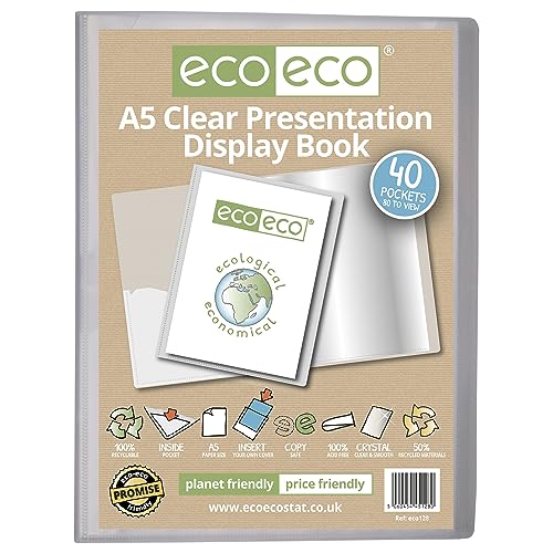 eco-eco eco128 Präsentationsbuch, A5, 50% recycelt, 40 Fächer, durchsichtig, Aufbewahrungsbox, Portfolio-Kunstmappe mit Kunststoffhüllen, transparent von eco-eco