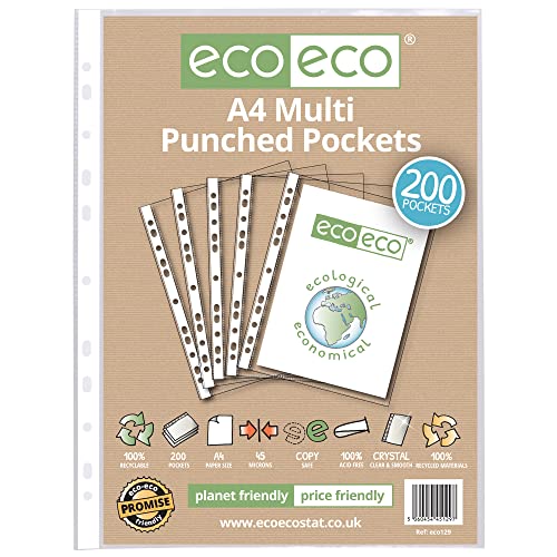 eco-eco eco129 Mehrfach gelochte Klarsichthüllen, A4, 100% recycelt, glasklar, transparenter Folienschutz, 45 Mikron, 200 Brieftaschen, von eco-eco