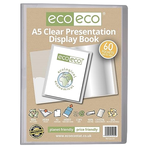 eco-eco eco131 Präsentationsbuch, A5, 50% recycelt, 60 Fächer, durchsichtig, Aufbewahrungsbox, Portfolio-Kunstmappe mit Kunststoffhüllen, transparent von eco-eco