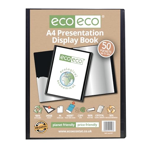 eco-eco eco197 Präsentationsmappe, A4-Format, 50% recycelt, 50 Hüllen, Schwarz, Präsentationsmappe mit Kunststoffhüllen von eco-eco