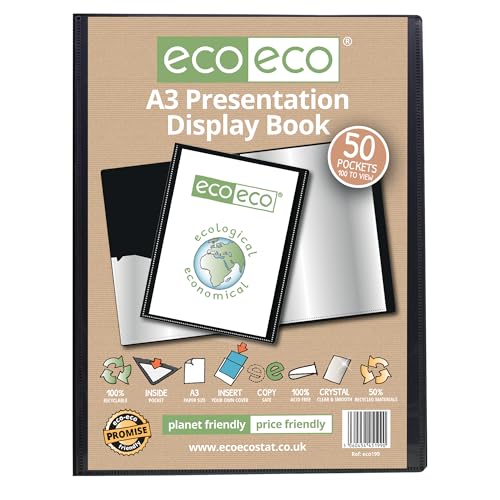 eco-eco eco199 Präsentationsmappe, A3-Format, 50% recycelt, 50 Hüllen, Schwarz, Präsentationsmappe mit Kunststoffhüllen von eco-eco