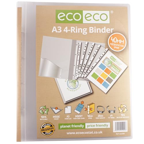eco-eco eco202 Präsentations-Ringordner, A3, 95% recycelt, 4D-Hochformat, transparent, 40 mm Rücken, Kunstwerk-Portfolio von eco-eco