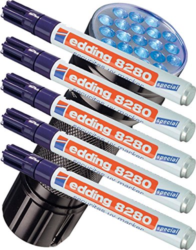 5er Pack edding Spezialmarker edding 8280 securitas UV marker, 1,5 - 3 mm, farblos + eine UV LED Lampe von edding