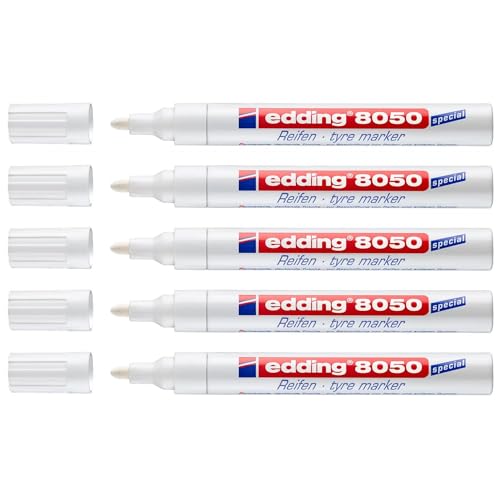 EDDING Set mit 5 Markern für Reifen, Gummi, 8050, rund, 2-4 mm, Weiß von edding