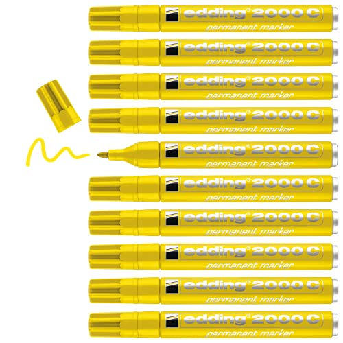 edding 2000 C Permanentmarker - gelb - 10 Stifte - Rund-Spitze 1,5-3 mm - schnell trocknender Permanent Marker - wasserfest, wischfest - für Karton, Kunststoff, Holz, Metall - Universalmarker von edding