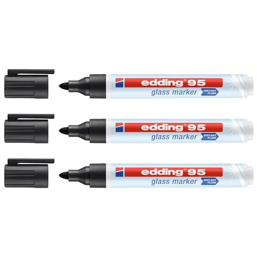 EDDING 3 x Marker für Glasoberflächen, 95, Schwarz, Rundspitze 1,5-3 mm von edding