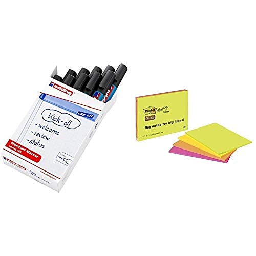 Edding 383 Flipchart Marker , 10 Stück schwarz & Post-it "Super Sticky Meeting Notes" extragroße Haftnotizen in 203 x 152 mm – 4 Notizblöcke à 45 Blatt in Neon Grün & Orange, Ultra Pink & Gelb von edding