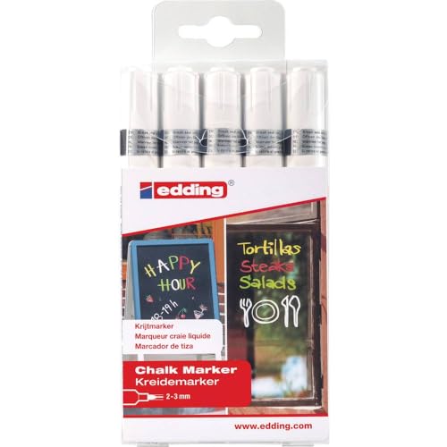 edding 4095 Kreidemarker Set - weiß - 5 Kreidestifte - Rundspitze 2-3 mm - Kreidestift für Tafel abwischbar - zum Beschriften von Fenster, Glas, Spiegel - Tafelstift mit deckenden Farben von edding