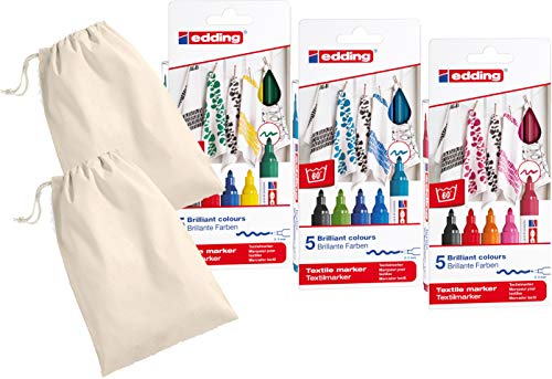 edding 4500 Textil-Marker - Rundspitze 2-3 mm - zum Bemalen von Textilien (wie z.B. T-Shirts, Kissen, Beutel) - Set mit allen 3 Sortierung (je 5 Stifte) und 2 Baumwollsäcke bemalen von edding