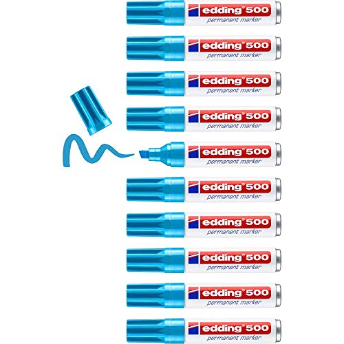 edding 500 Permanentmarker - hellblau - 10 Stifte - Keil-Spitze 2-7 mm - wasserfest, schnell-trocknend - wischfest - für Karton, Kunststoff, Holz, Metall, Glas von edding