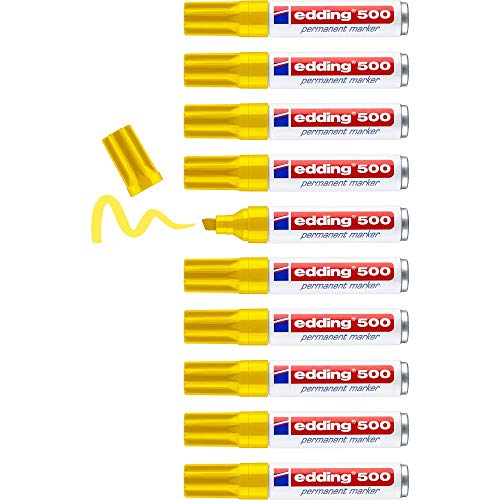 edding 500 Permanentmarker - gelb - 10 Stifte - Keil-Spitze 2-7 mm - wasserfest, schnell-trocknend - wischfest - für Karton, Kunststoff, Holz, Metall, Glas von edding