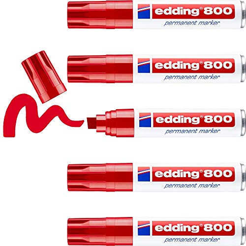 edding 800 Permanentmarker - rot - 5 Stifte - Keil-Spitze 4-12 mm - für breite Markierungen - wasserfest, schnell-trocknend, wischfest - für Karton, Kunststoff, Holz, Metall, Glas von edding