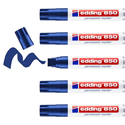 edding 850 Permanentmarker - blau - 5 Stifte - Keil-Spitze 5-15 mm - für breite Markierungen - wasserfest, schnell-trocknend, wischfest - für Karton, Kunststoff, Holz, Metall, Glas von edding