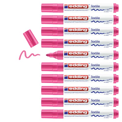 edding 4500 Textilmarker - neon-pink - 10 Stück - Rundspitze 2-3 mm - Textilstifte waschmaschinenfest (60 °C) zum Stoff bemalen - Stoffmalstift von edding